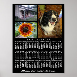 Poster Calendário Mensal do Ano 2026 Preto Personalizado