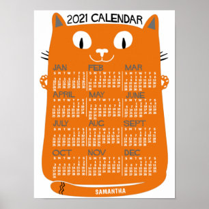 Poster Calendário Mensal do Ano de 2021 Gato Laranja Mead