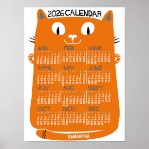 Poster Calendário Mensal do Ano de 2026 Gato Laranja Mead