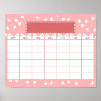 Poster Calendário Mensal em Branco Tema Gato Rosa