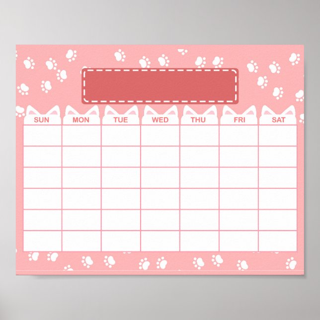 Poster Calendário Mensal em Branco Tema Gato Rosa (Frente)