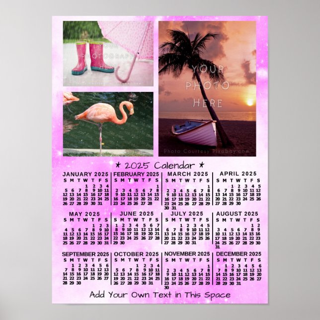 Poster Calendário Mensal Pink Watercolor 3 Foto 2025 Anos (Frente)