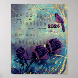 Poster Calendário Mensal Rosa Roxo 2024