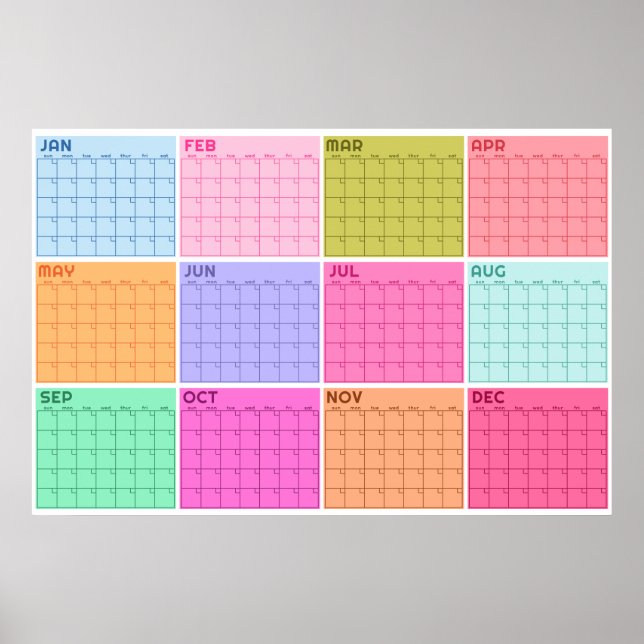 Poster Calendário Mensal Sem Data Pastel em Branco Planne (Frente)
