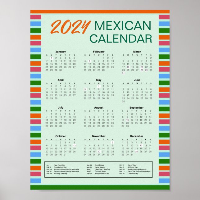 Poster Calendário mexicano de 2024 com feriados | Downloa (Frente)