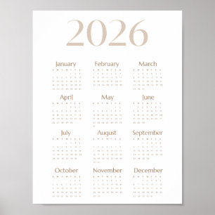 Poster Calendário Minimalista de Bege Neutro 2026 em Uma 