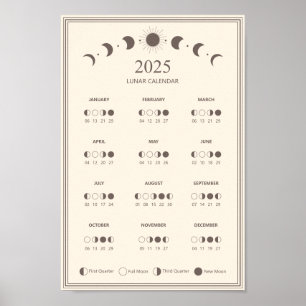 Poster Calendário Minimalista de Fases Lunares de 2025
