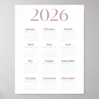 Poster Calendário Minimalista de Uma Folha Moderno 2026