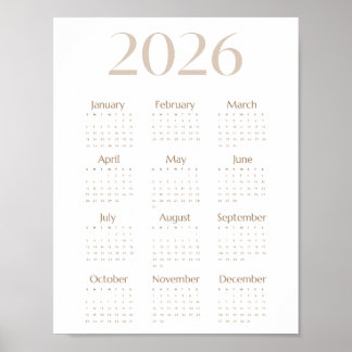 Poster Calendário Minimalista de Uma Página Bege Neutro 2