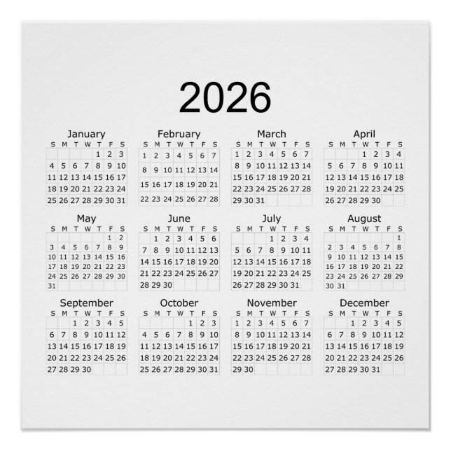 Pôster Calendário Minimalista Simples 2026 (Frente)
