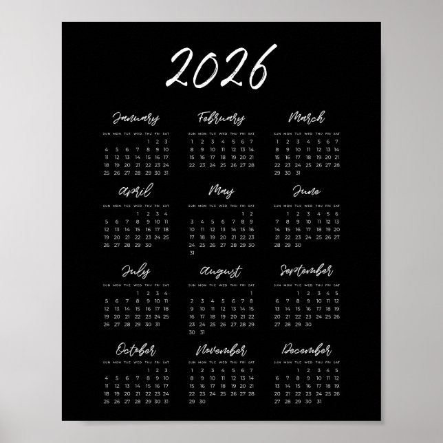 Poster Calendário moderno preto 2025 (Frente)