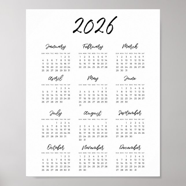 Poster Calendário moderno preto e branco para 2024 (Frente)