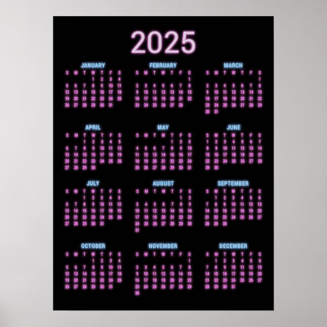 Poster Calendário Neon 2025 (Frente)