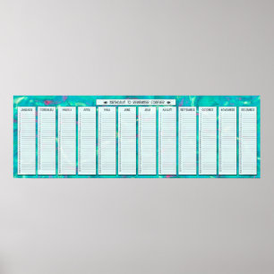 Pôster Calendário Perpétuo de Aniversário Abstrato Aqua
