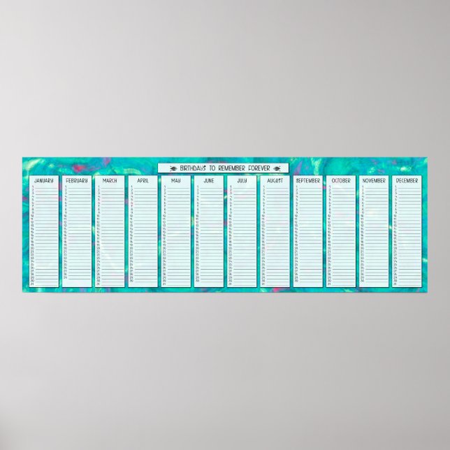 Pôster Calendário Perpétuo de Aniversário Abstrato Aqua (Frente)