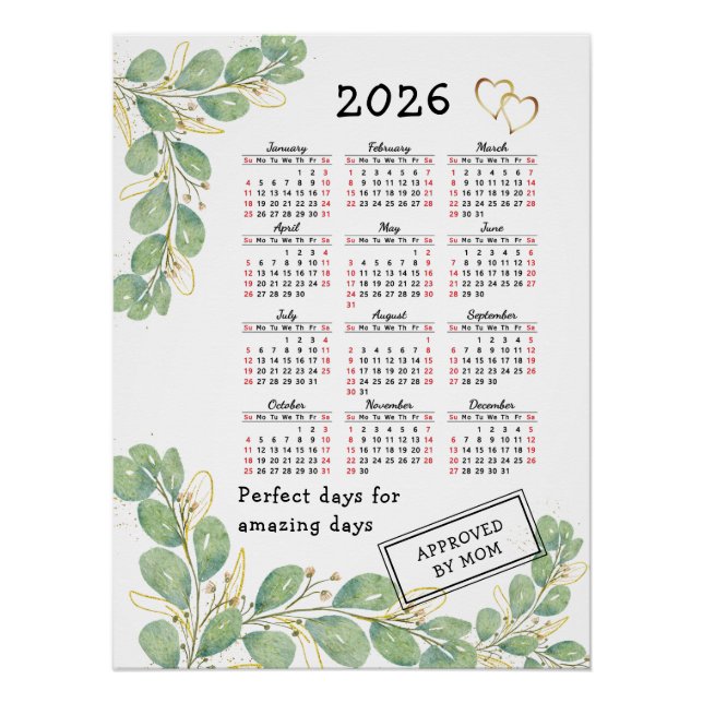 Pôster Calendário Personalizado 2026 com Eucalipto Elegan (Frente)