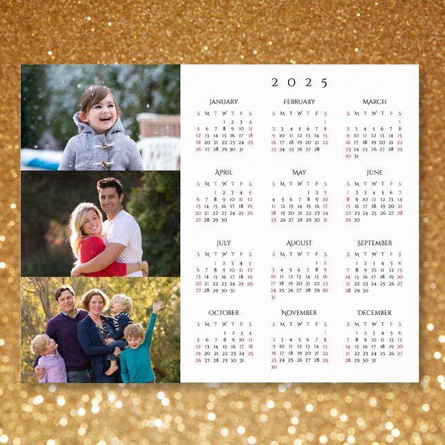 Poster Calendário Personalizado da Família de Colagem de  (Personalized 3 Photo Collage Family 2025 Calendar Poster)