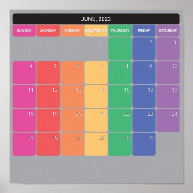 Poster calendário planejador de cores dias de junho de 20 (Frente)