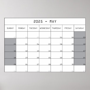 Poster calendário planejador de maio de 2025 com grande e