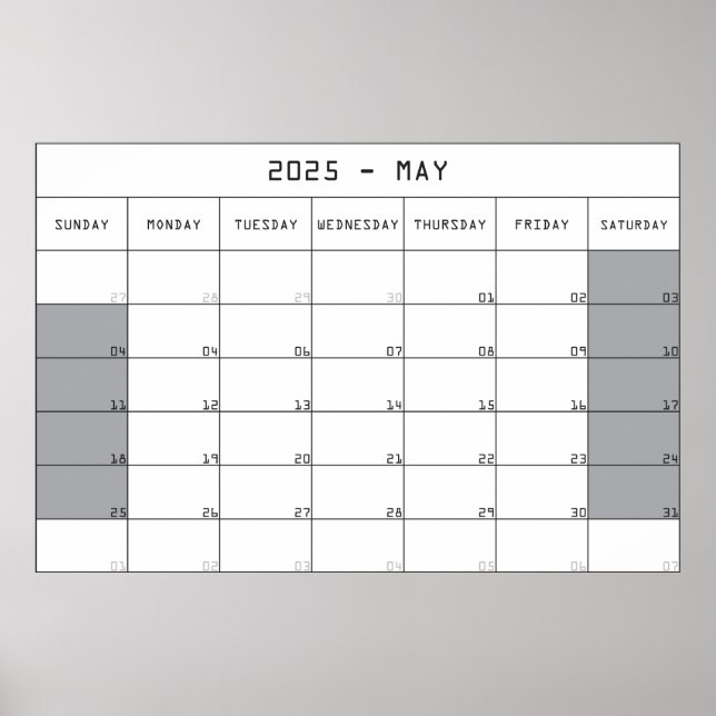 Poster calendário planejador de maio de 2025 com grande e (Frente)