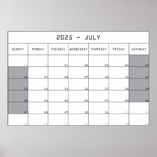 Poster calendário planejador julho 2025 grande espaço par