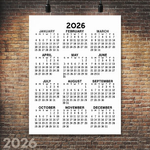 Poster Calendário - preto e branco mínimo básico