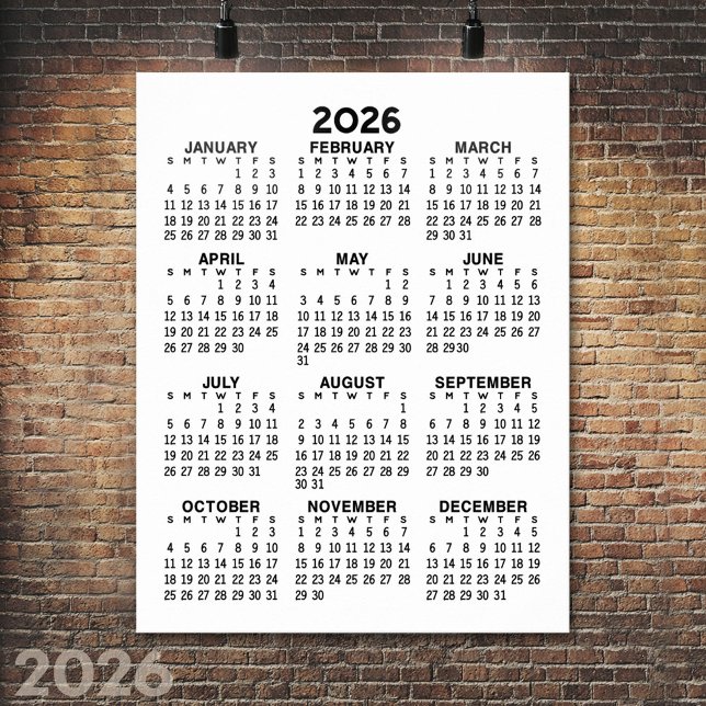 Poster Calendário - preto e branco mínimo básico (2026 Calendar Poster)