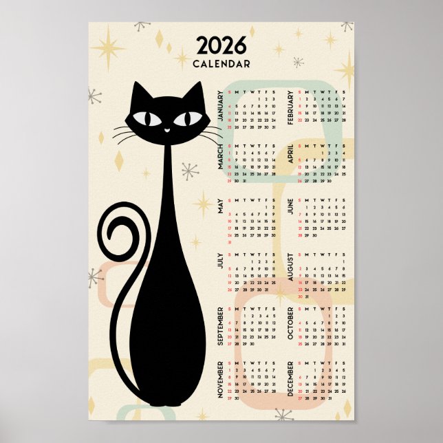Poster Calendário Retro Atômico Gato Preto Meados do Sécu (Frente)
