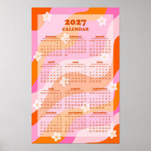 Poster Calendário Retro Groovy Wave 70s Estilo Hippie 202