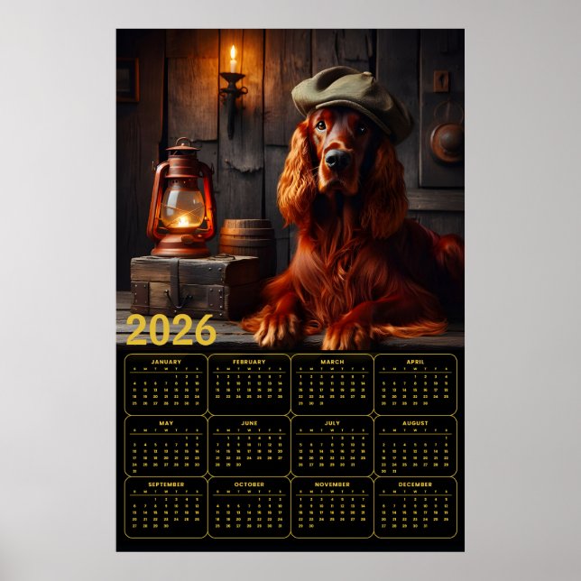 Poster Calendário Rústico do Setter Irlandês de 2026 com  (Frente)