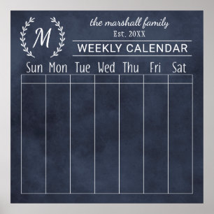 Poster Calendário Semanal de Monograma Familiar Navy Chal