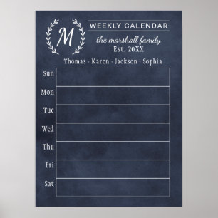 Poster Calendário Semanal de Monograma Familiar Navy Chal