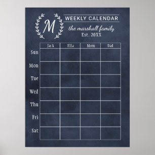 Pôster Calendário Semanal de Monograma Familiar Navy Chal