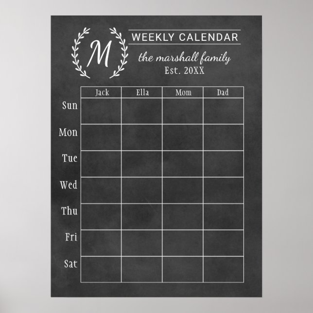 Pôster Calendário Semanal Personalizado com Monograma da  (Frente)