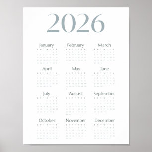 Poster Calendário Simples Azul-Cinza Moderno 2026 de Uma 