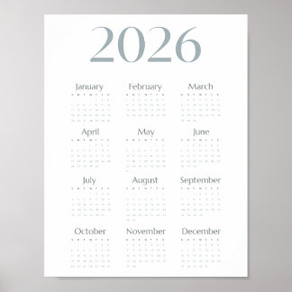Poster Calendário Simples Azul-Cinza Moderno 2026 em Uma