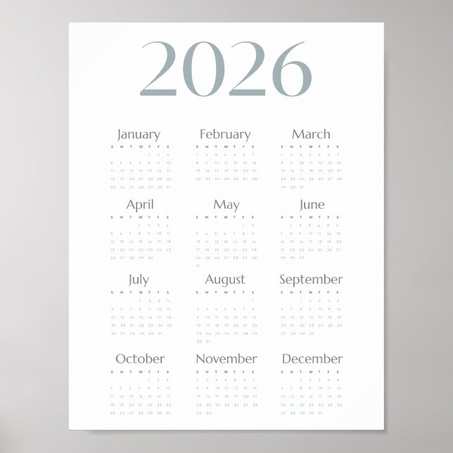 Poster Calendário Simples Azul-Cinza Moderno 2026 em Uma  (Frente)