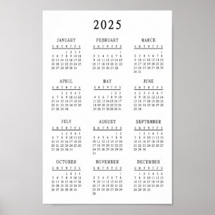 Poster Calendário Simples Básico Preto e Branco Clássico 