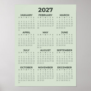 Poster Calendário Simples Básico Verde Salvia 2027