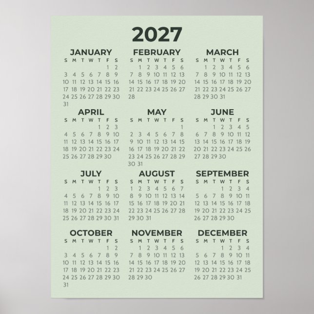 Poster Calendário Simples Básico Verde Salvia 2027 (Frente)