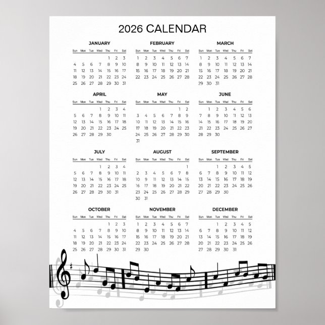 Poster Calendário Simples de 2026 com Notas Musicais |  (Frente)