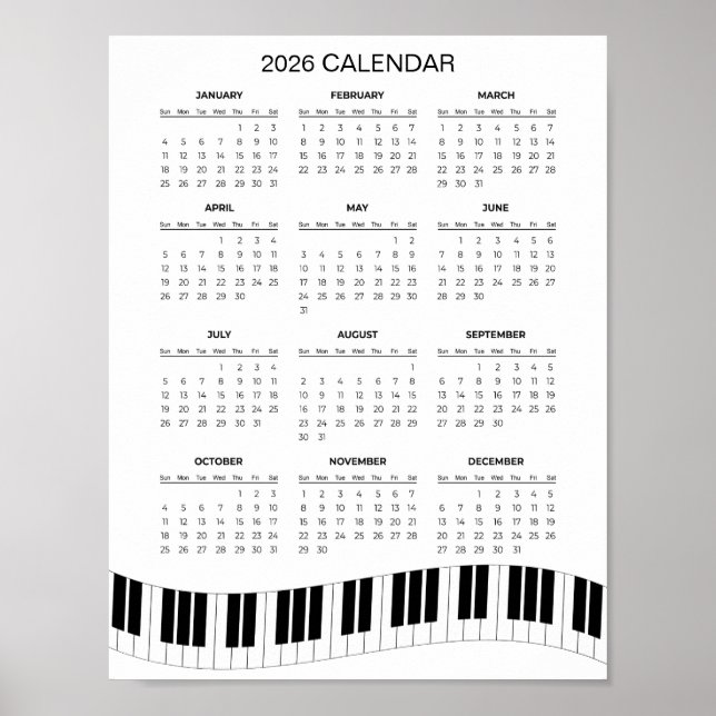 Poster Calendário Simples de 2026 com Teclas de Piano |  (Frente)