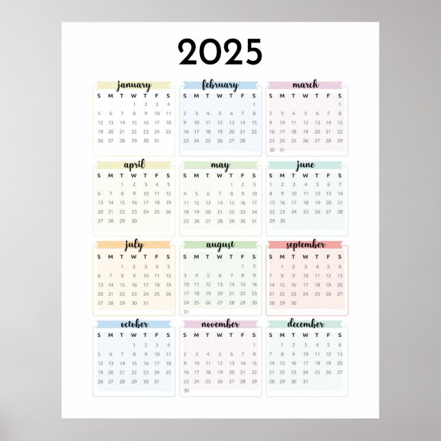 Poster Calendário Simples de Pastel 2025 (Frente)
