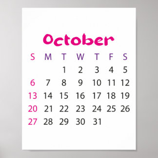 Poster Calendário Simples Rosa outubro de 2023