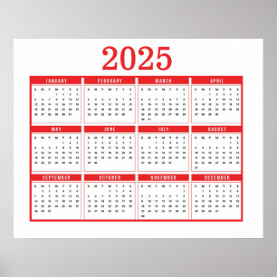 Poster Calendário Vermelho Simples 2025