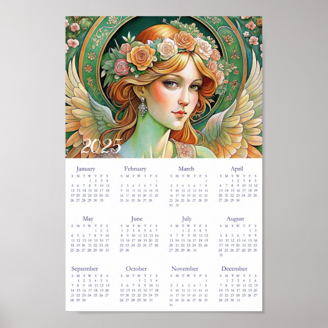 Poster Calendário Vintage Angel Art Deco 2025. (Frente)