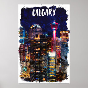 Poster Calgary Alberta Skyline Por Noite