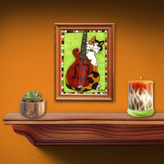 Pôster Calico Cat com Mandolin Mini Folk Art
