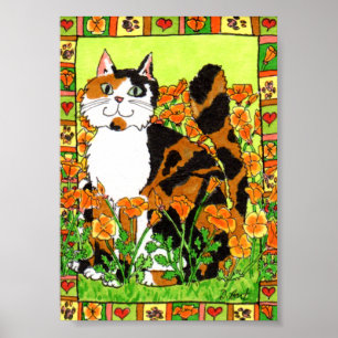 Poster Calico Cat com Poppies California Folk Art
