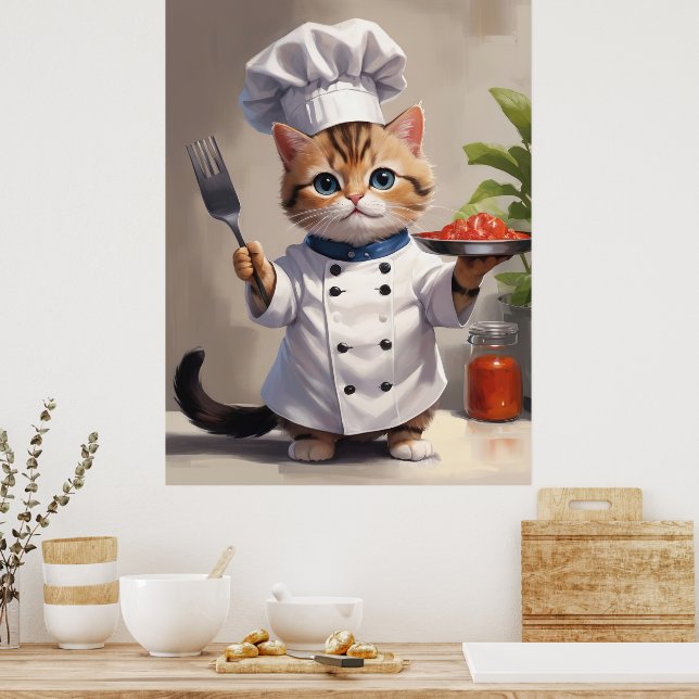 Poster Calico Kitten Chef com Fork Cute Baking (Cozinha)
